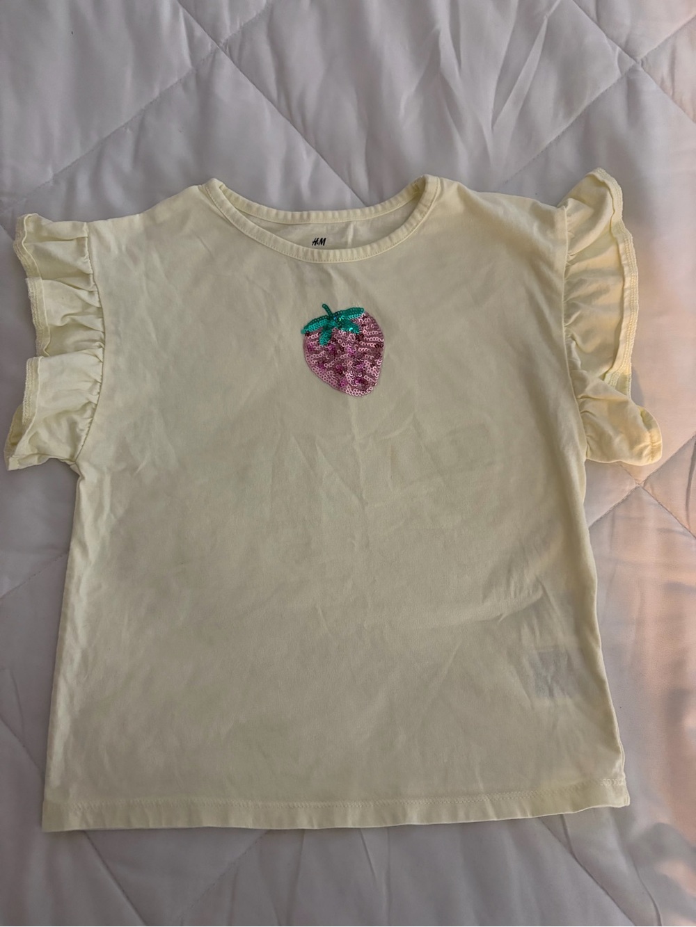 H&M Pale Yellow Tee with Pink Sequin Strawberry